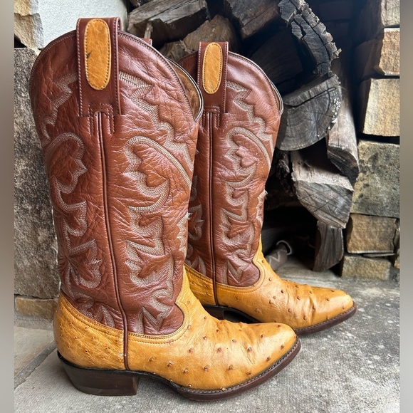 Montana Exotic Ostrich Tan & Brown Heeled Boots with Western Stitching Sz-7.5. P - Picture 5 of 9